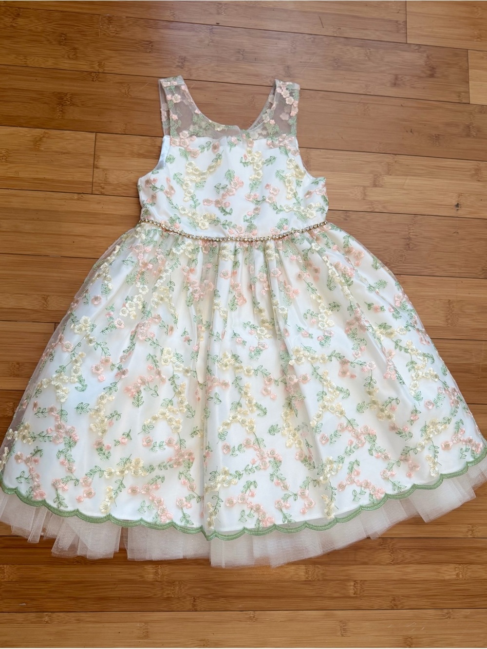 American Princess White Floral Embroidered Dress with Pink and Green Accents